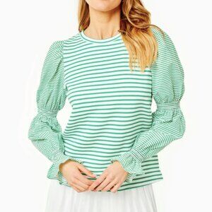 New ADDISON BAY Preppy Green Smocked Puff Sleeve Pullover Sz LARGE $178